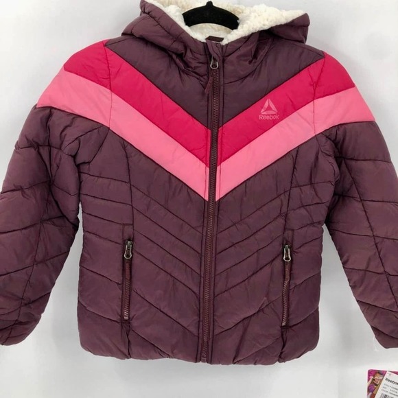 Reebok Sherpa Hooded Retro Chevron Jacket Size Med * Bright Pink Colors WOM104 - Picture 2 of 6